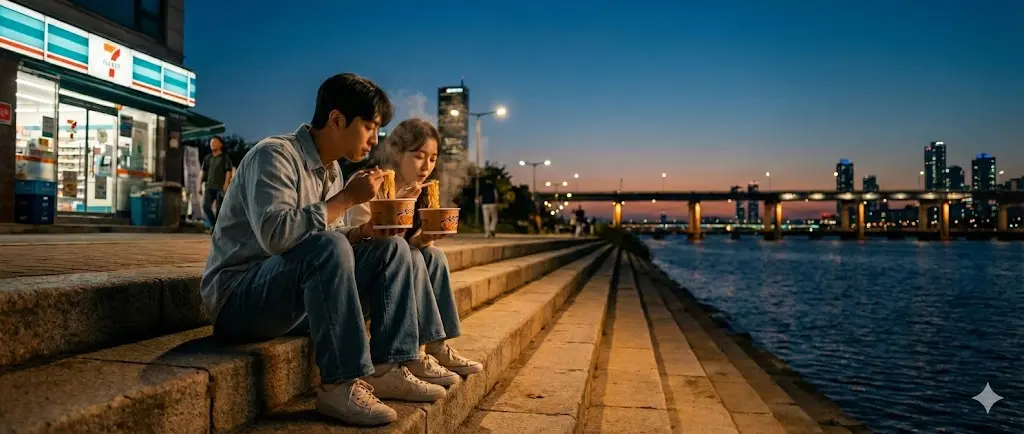 Instant ramen in foil container at river park