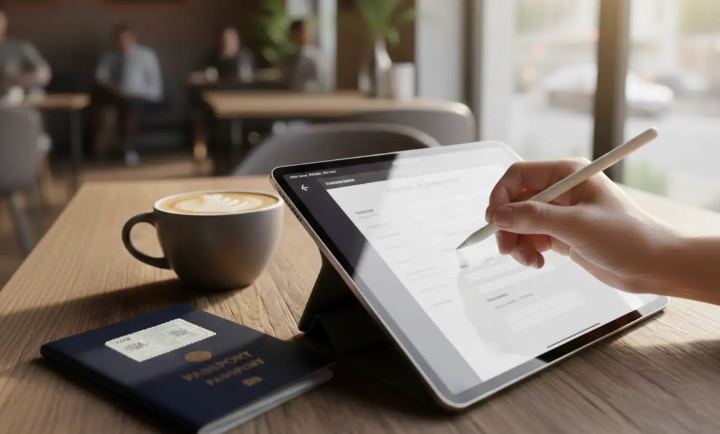 Hand holding a stylus over a digital lease agreement on a tablet.