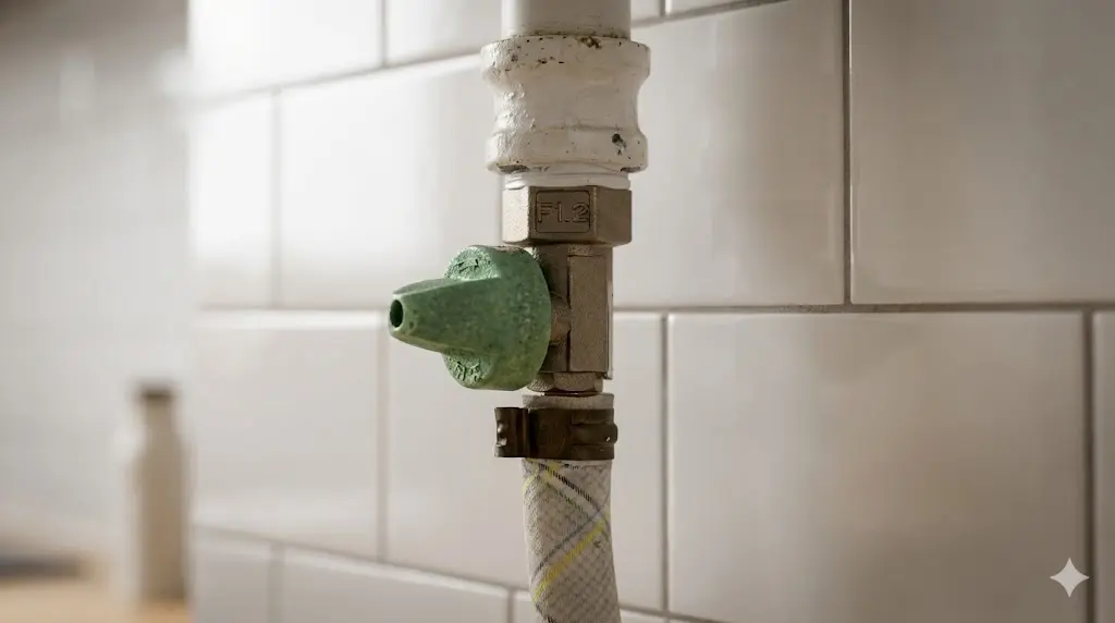 Close up of a red gas valve turned horizontally to the pipe.