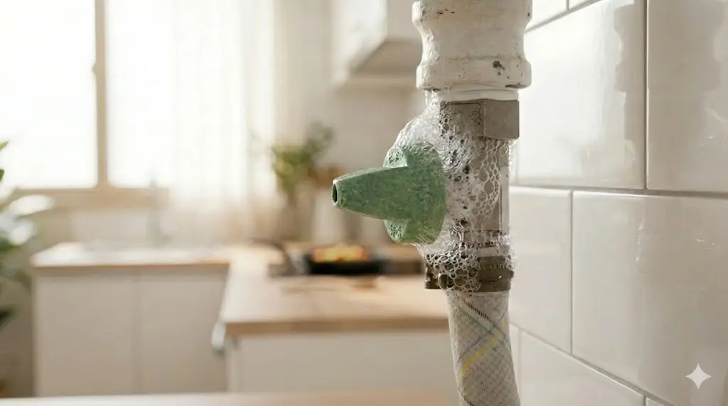 Person spraying soapy water on a gas pipe to check for leaks.
