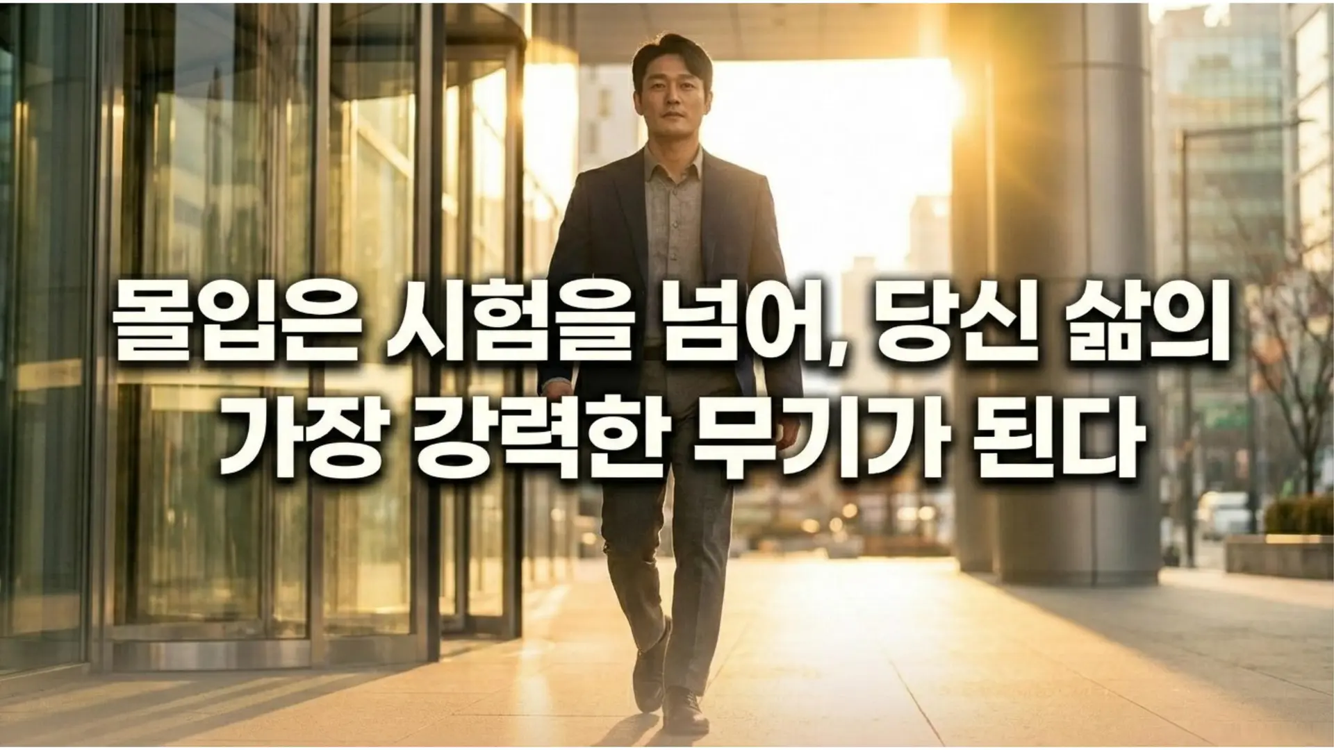 일출 빛을 등지고 고층 빌딩 앞을 자신감 있게 걸어오는 남성