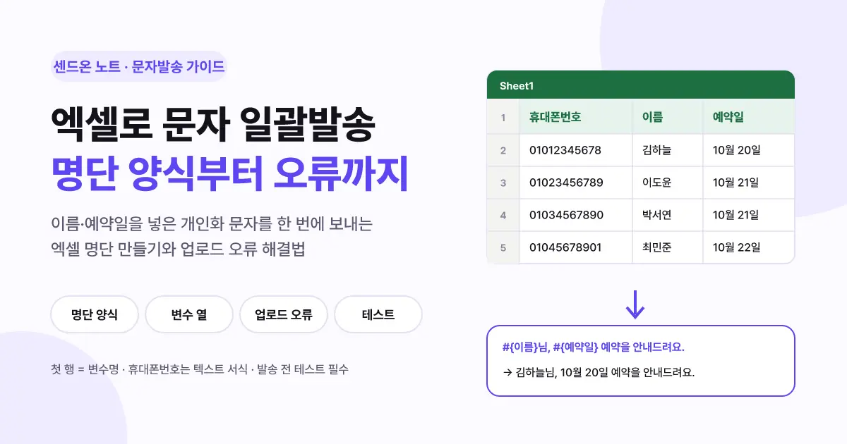 엑셀로 문자 일괄발송하는 법 | 명단 양식·변수 열·업로드 오류 해결