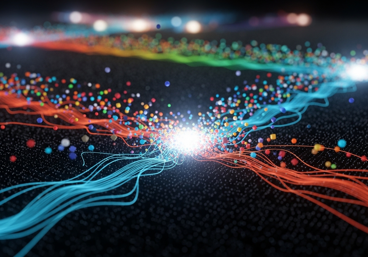 수많은 데이터 포인트를 분석하는 과정을 시각화한 이미지