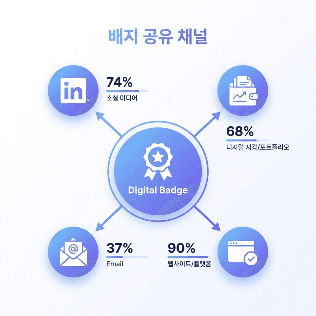 공유 1위는 소셜(74%)입니다. 디지털배지는 유통되며 힘이 붙습니다.