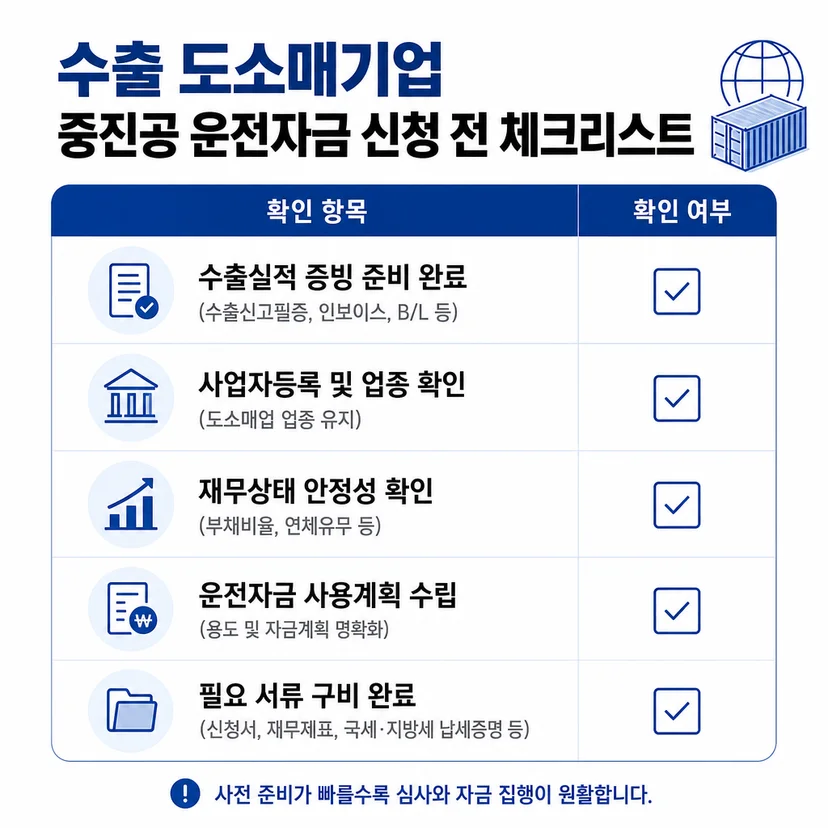 중진공 정책자금 운전자금 체크리스트