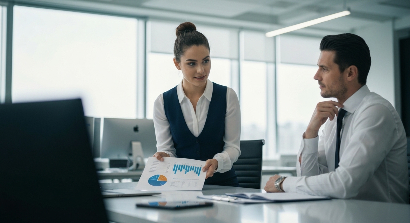 A professional person in a modern office setting confidently presenting a data-filled report to a manager across a table, symbolizing a successful, data-driven salary negotiation. The atmosphere is collaborative yet focused, with charts and graphs visible on the report.