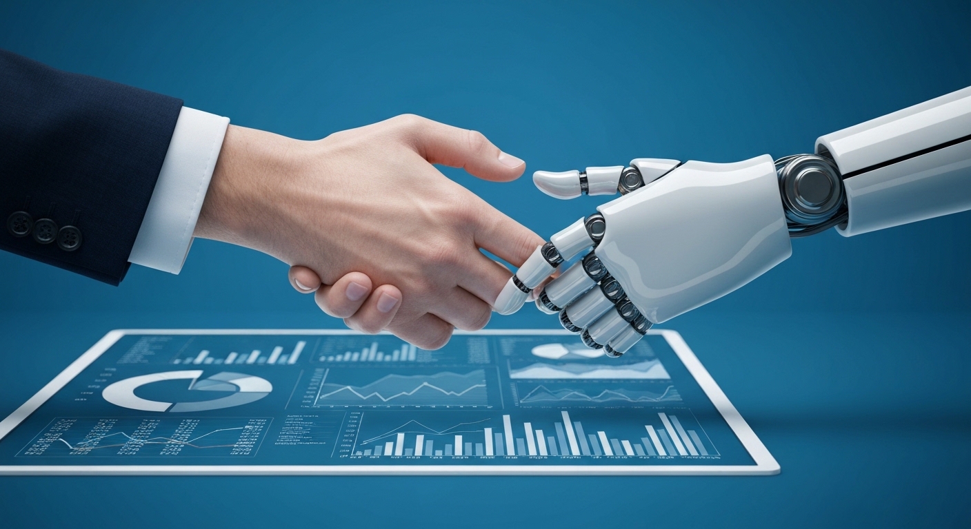 A modern, minimalist image showing a human hand and a robotic hand shaking over a complex financial data visualization screen. The human hand represents judgment and ethics, while the robotic hand represents calculation and efficiency. The color palette is professional blue and white.