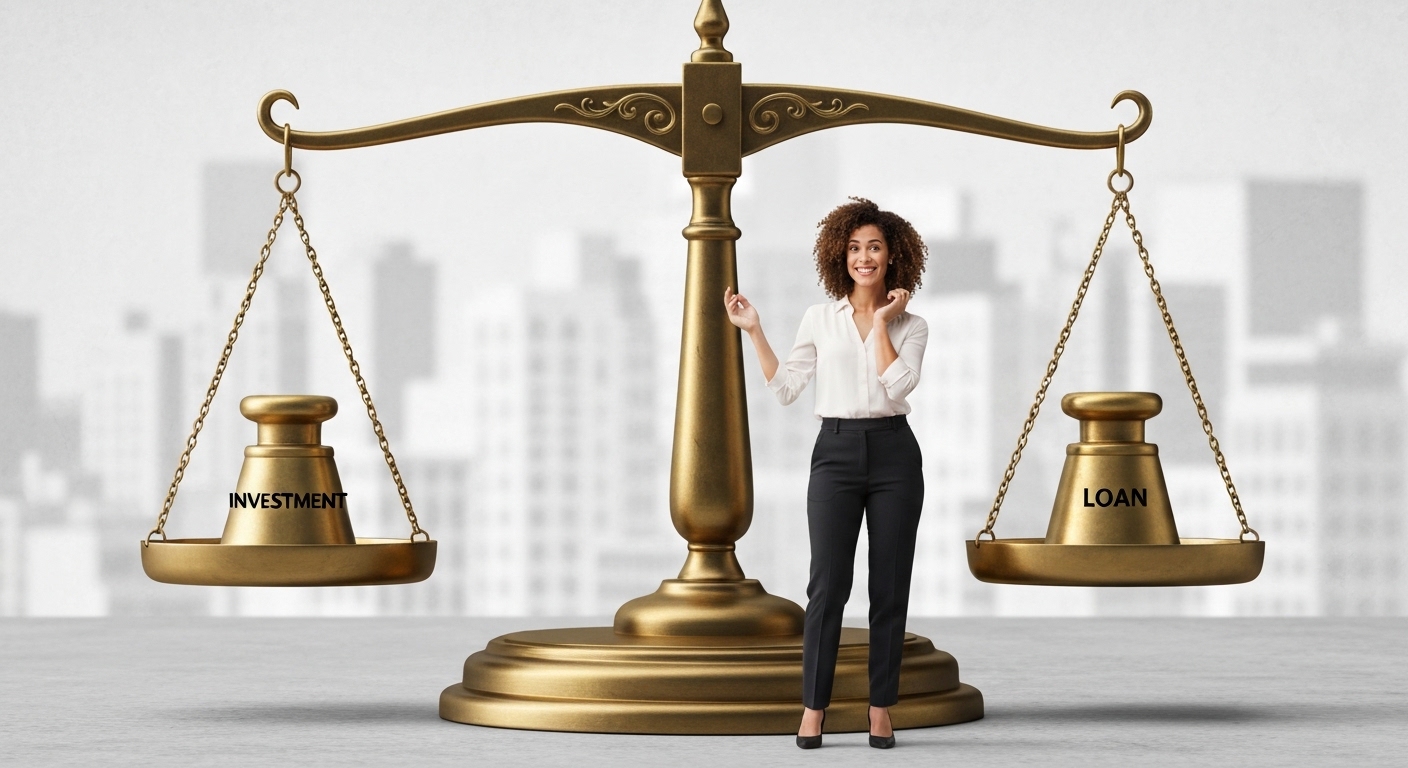 A balanced scale showing 'Investment' on one side and 'Loan' on the other, with a small business owner standing in the middle deciding which path to take.