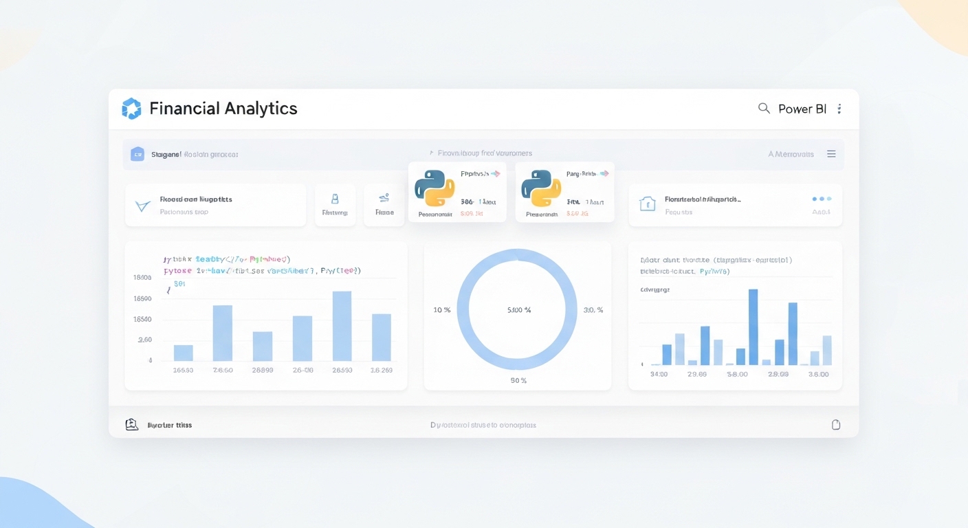 A modern, clean dashboard interface showing financial KPIs \\(Key Performance Indicators\\) with charts and graphs, overlaid with subtle Python code snippets and the Power BI logo, symbolizing the integration of accounting knowledge with data automation.