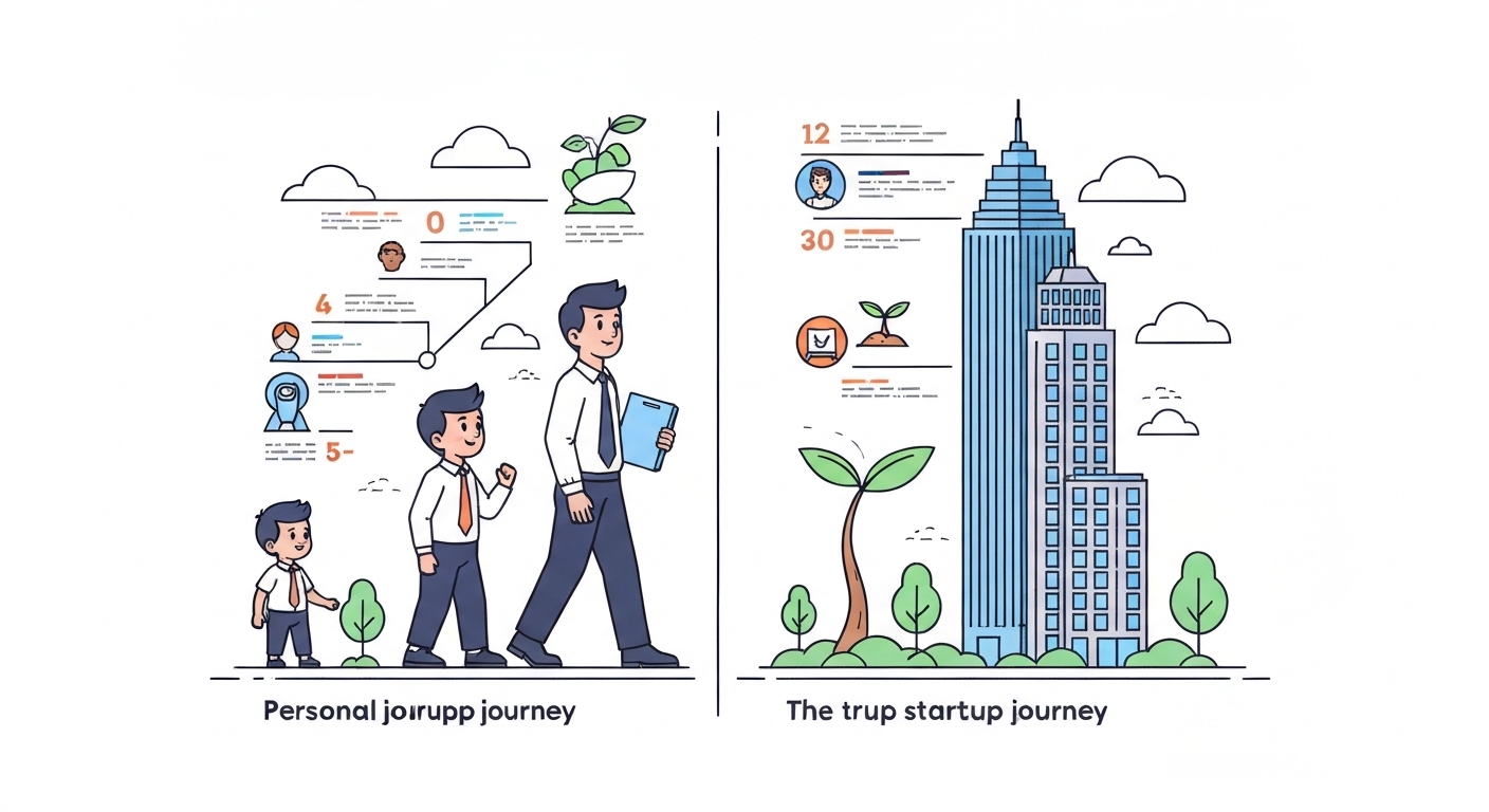 A conceptual illustration showing the growth of a person from a small child to a successful professional, paralleled with a startup's journey from a small seed to a large building, in a clean and modern flat design style.