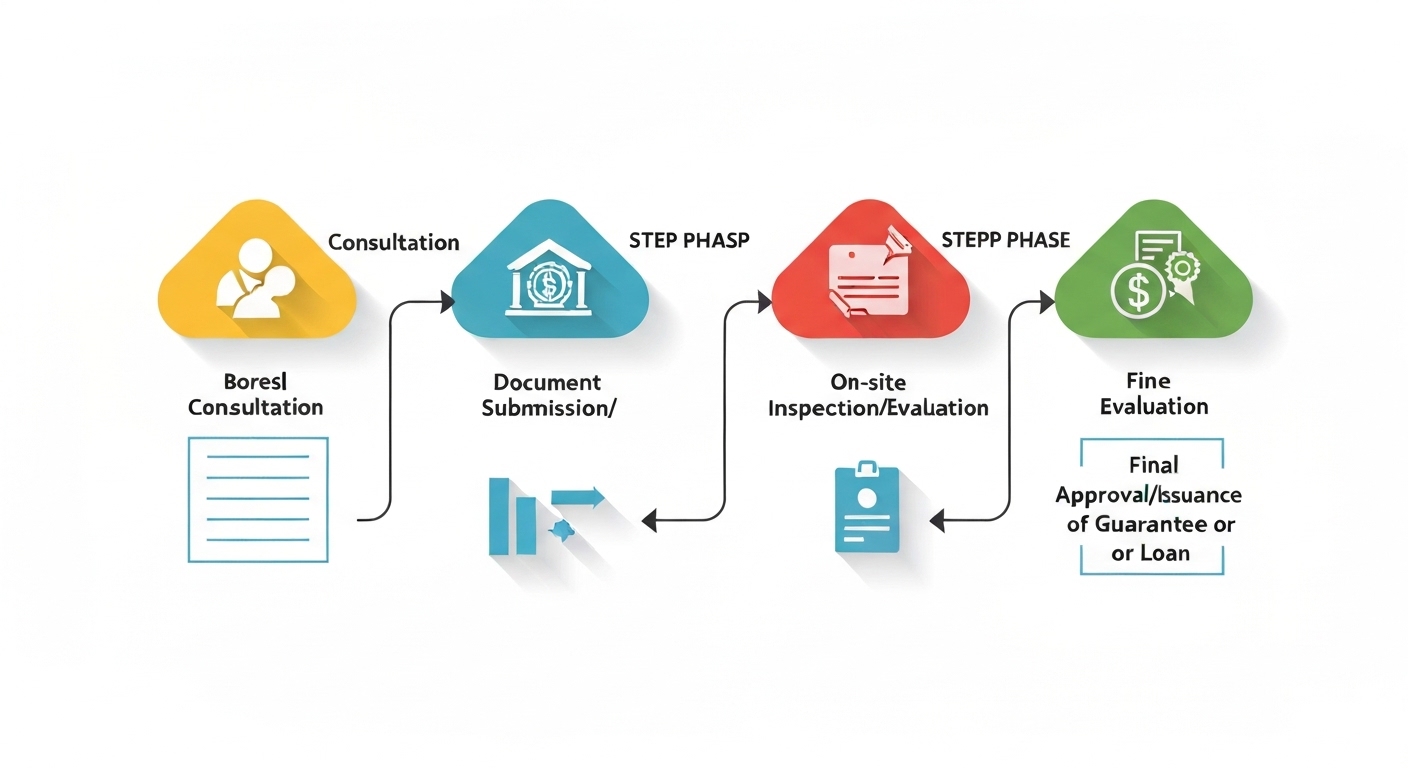 A four-step process diagram showing 'Consultation' -> 'Document Submission/Review' -> 'On-site Inspection/Evaluation' -> 'Final Approval/Issuance of Guarantee or Loan'