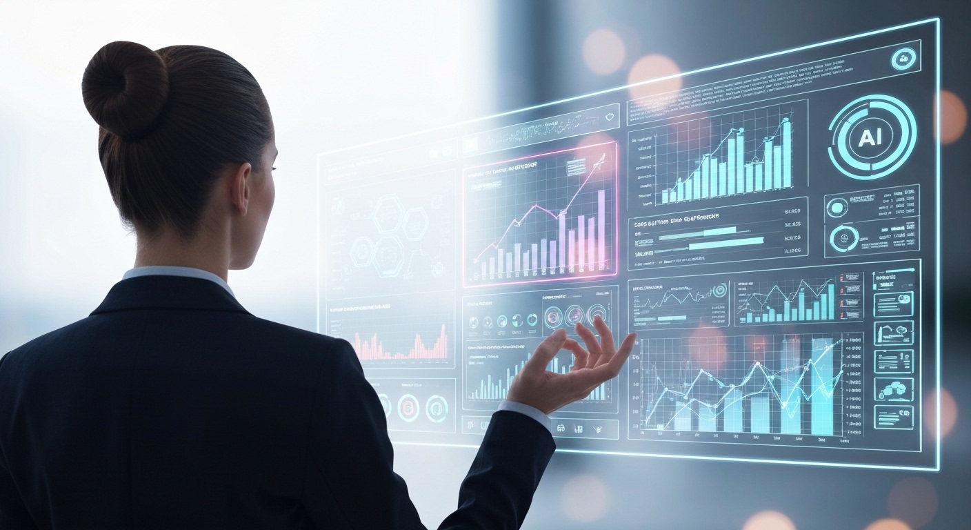 A modern, stylized image showing a Chief Financial Officer \\(CFO\\) standing in front of a holographic dashboard displaying complex financial data, AI algorithms, and strategic insights, symbolizing the integration of AI into finance and tax operations.