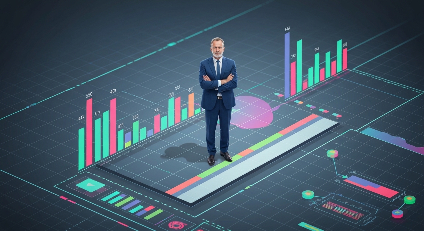 Modern, minimalist B2B style illustration of a financial leader standing on a complex data visualization graph, symbolizing strategic oversight and data-driven decision-making in finance.