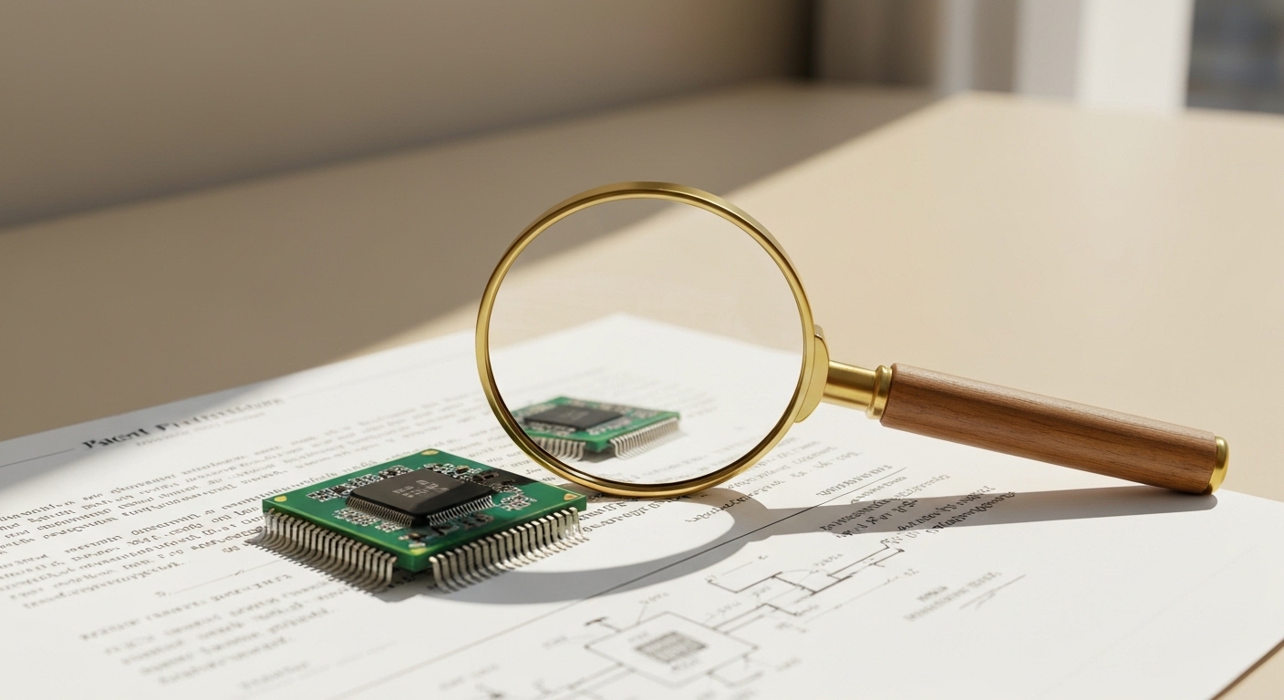 A magnifying glass focusing on a microchip and a patent document, symbolizing the emphasis on technology and innovation.