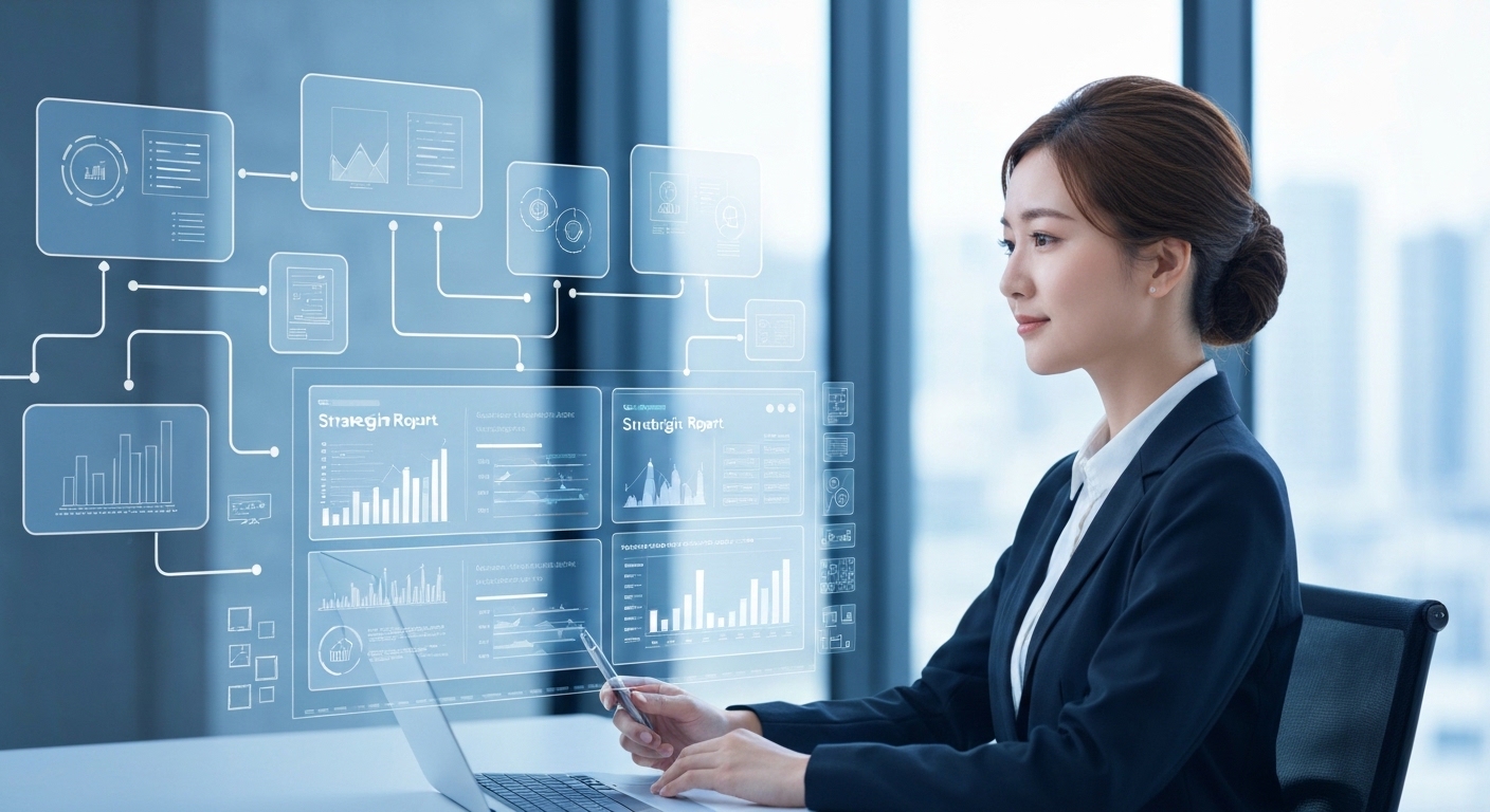 A modern, sleek B2B office setting. A professional accountant is looking relaxed, focusing on a strategic report displayed on a holographic screen, while repetitive tasks are visualized as automated flows in the background. The color palette is blue and white, emphasizing efficiency and calm.