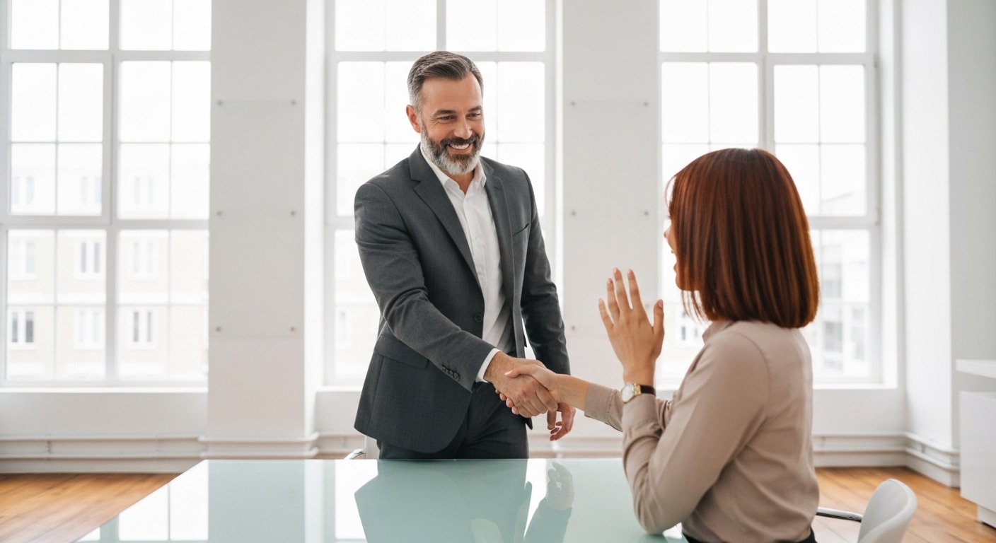 A professional business consultant shaking hands with a small business owner in a bright, modern meeting room, symbolizing successful 1:1 consultation.