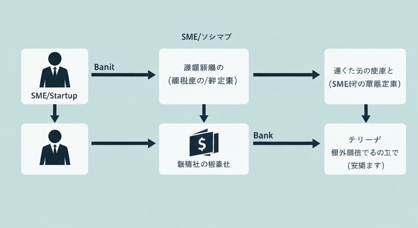 A diagram showing a flow: 'SME/Startup' -> 'Credit Guarantee Fund \(Shinbo/Gibo\)' -> 'Guarantee Certificate' -> 'Commercial Bank' -> 'Loan \(Lower Interest, Higher Limit\)'