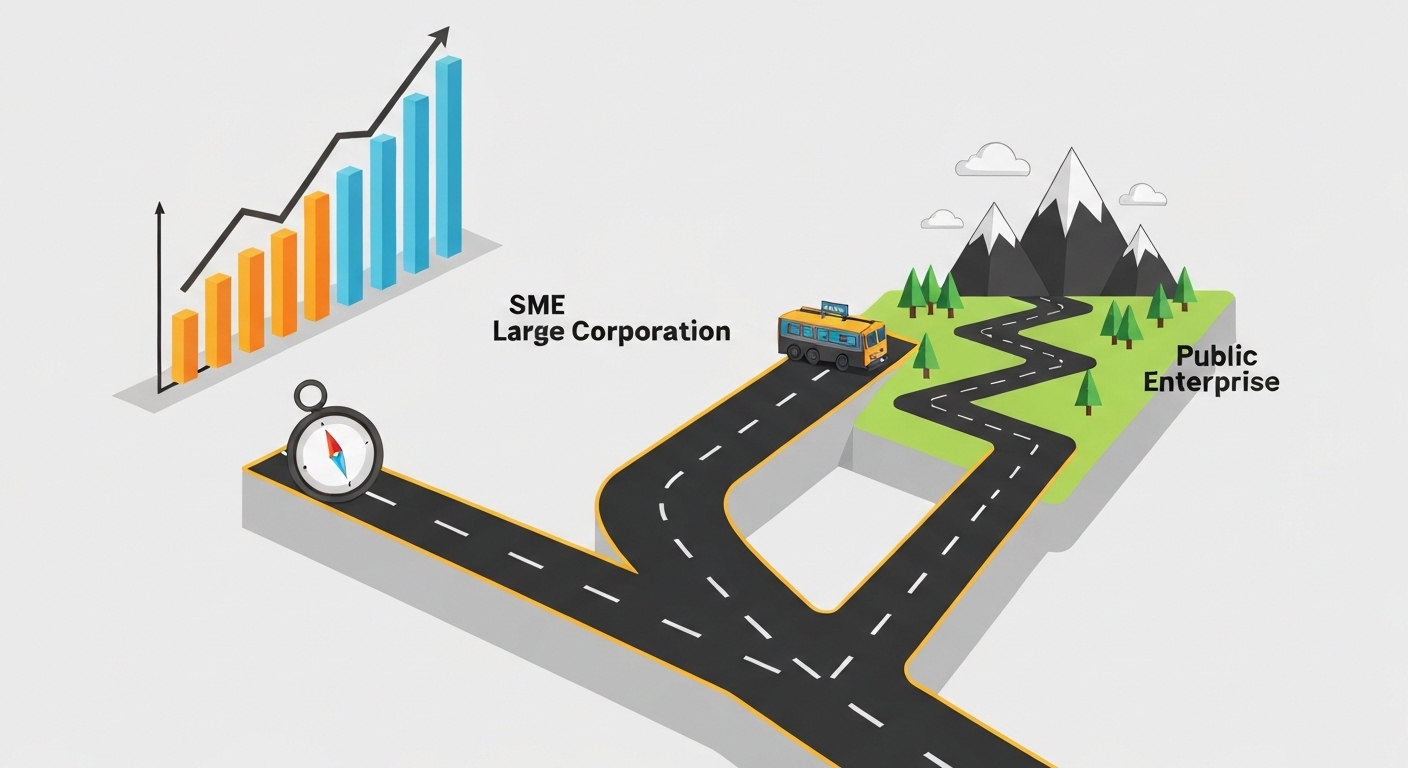 A modern, professional graphic showing three distinct career paths \(SME, Large Corporation, Public Enterprise\) diverging from a starting point, symbolized by a rising bar chart and a compass, in a clean B2B SaaS style.