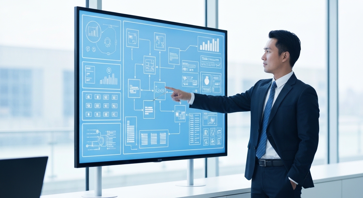 A modern, clean B2B office setting. An Asian male IT professional is standing in front of a large screen displaying complex data flow diagrams \(like a simplified ERP system map\). He is confidently pointing at the screen, symbolizing strategic decision-making and system management. The color palette is blue and white, emphasizing technology and professionalism. No text on the screen or image.