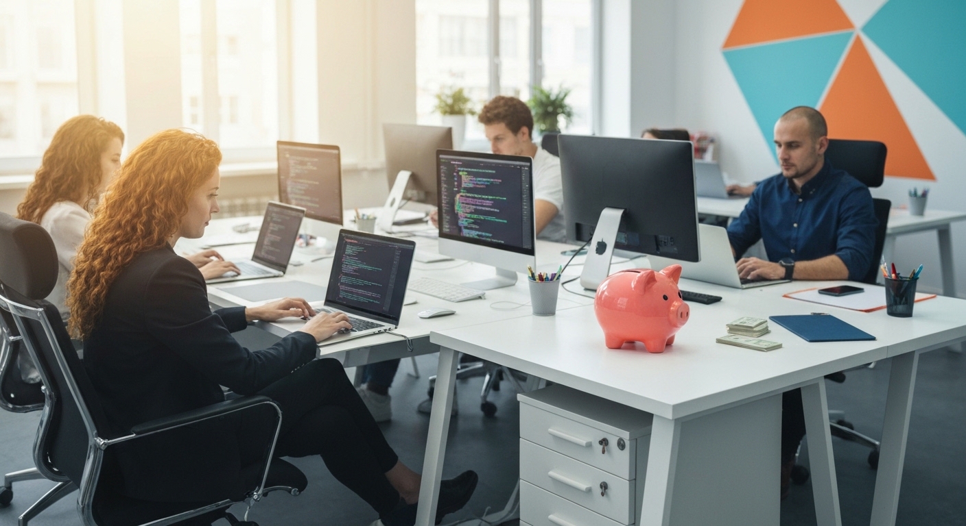 A modern IT startup office with developers working on laptops, digital code overlays, and a piggy bank symbol representing tax savings, professional and clean aesthetic.
