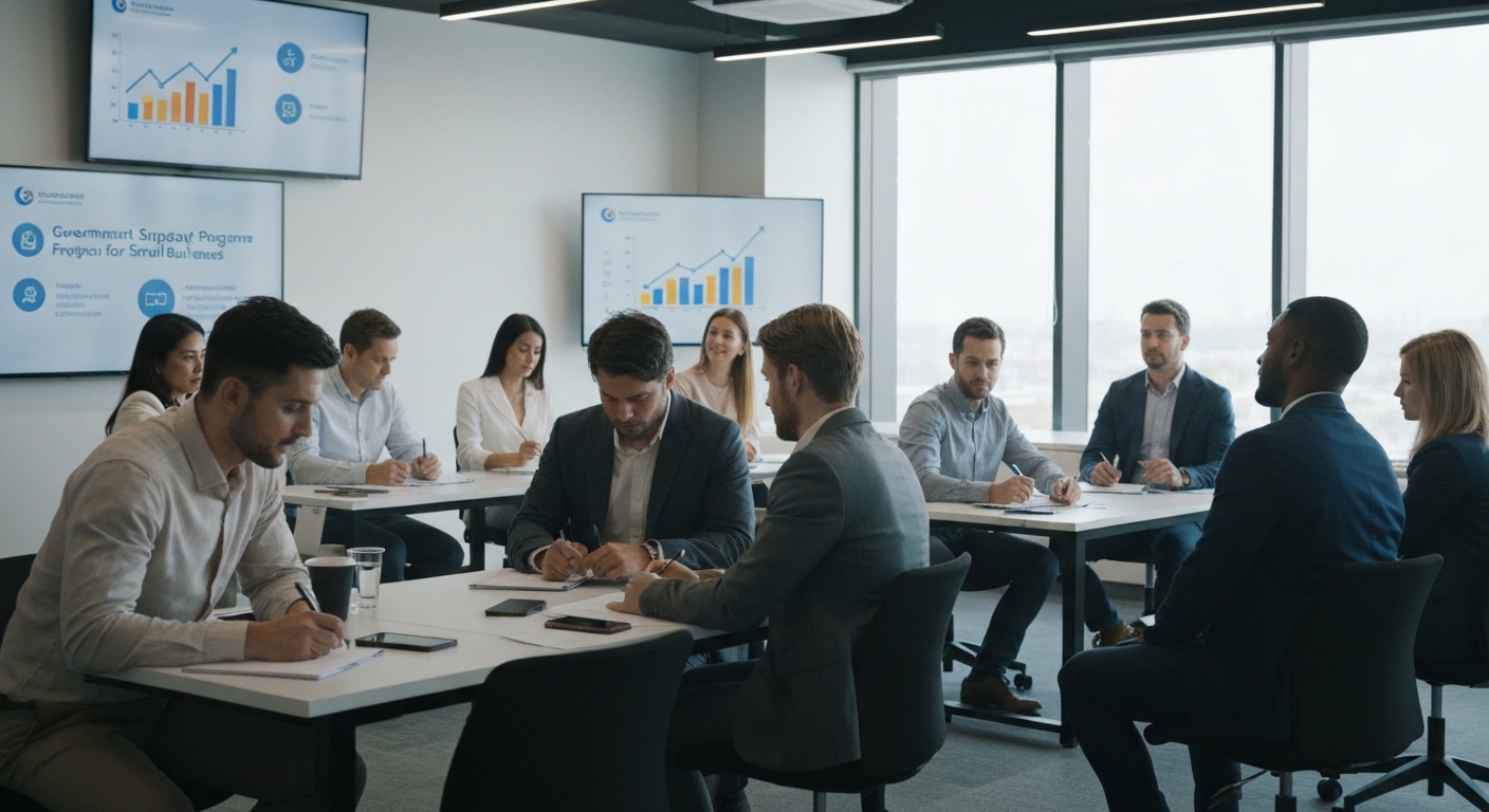 A professional and modern office setting where entrepreneurs are attending a seminar about government support programs for small businesses, with digital screens showing growth charts and policy icons.