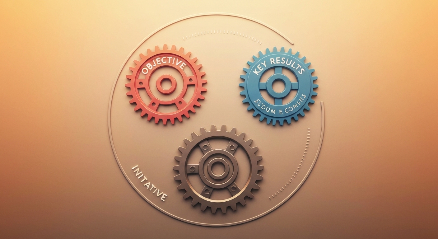 A stylized image showing three balanced gears labeled 'Objective', 'Key Results', and 'Initiative', symbolizing the core components of a successful OKR framework working in harmony.