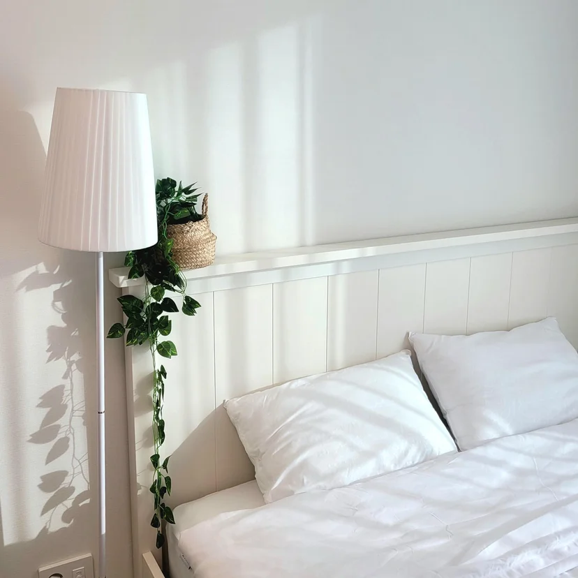 White double bed with a floor lamp and a trailing plant (Listing ID : 11389)