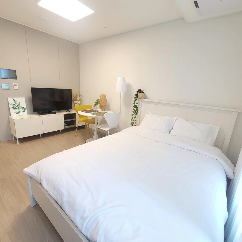 Bright studio with a double bed, TV console and dining nook (Listing ID : 11389)