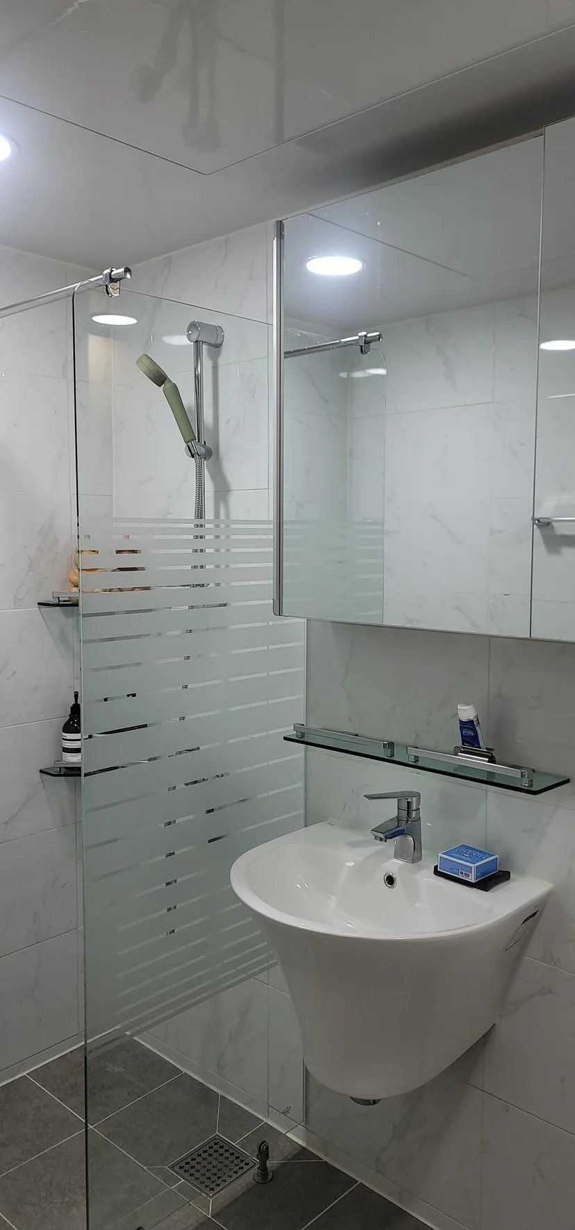 Modern bathroom with handheld shower, glass partition, and wall-mounted sink (Listing ID : 14800)