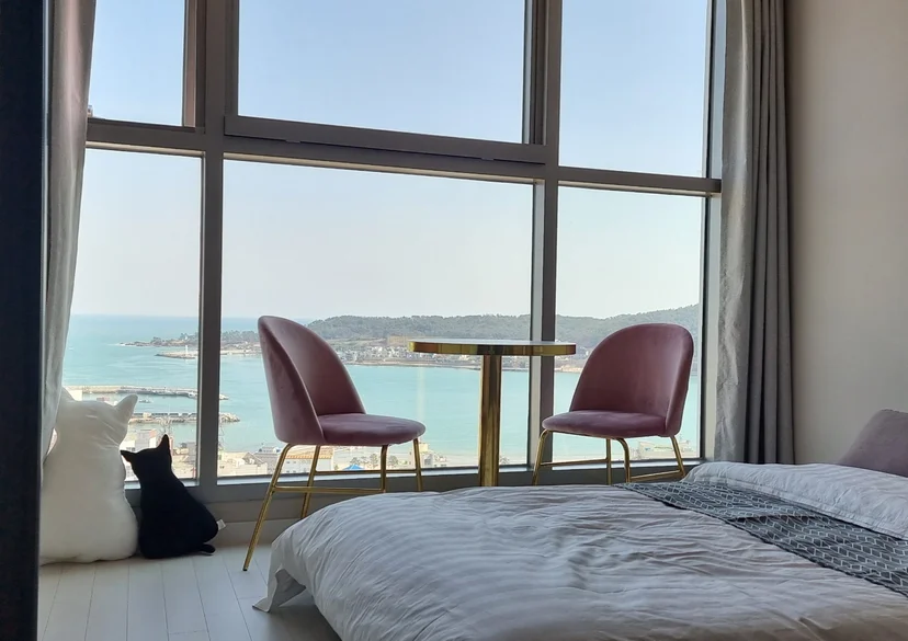 Ocean-view studio with a bed and two pink chairs by floor-to-ceiling windows (Listing ID : 22344)