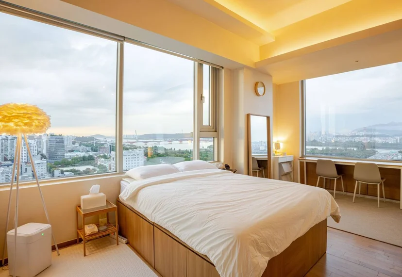Spacious bedroom with a Han River bridge view through corner windows (Listing ID : 33770)