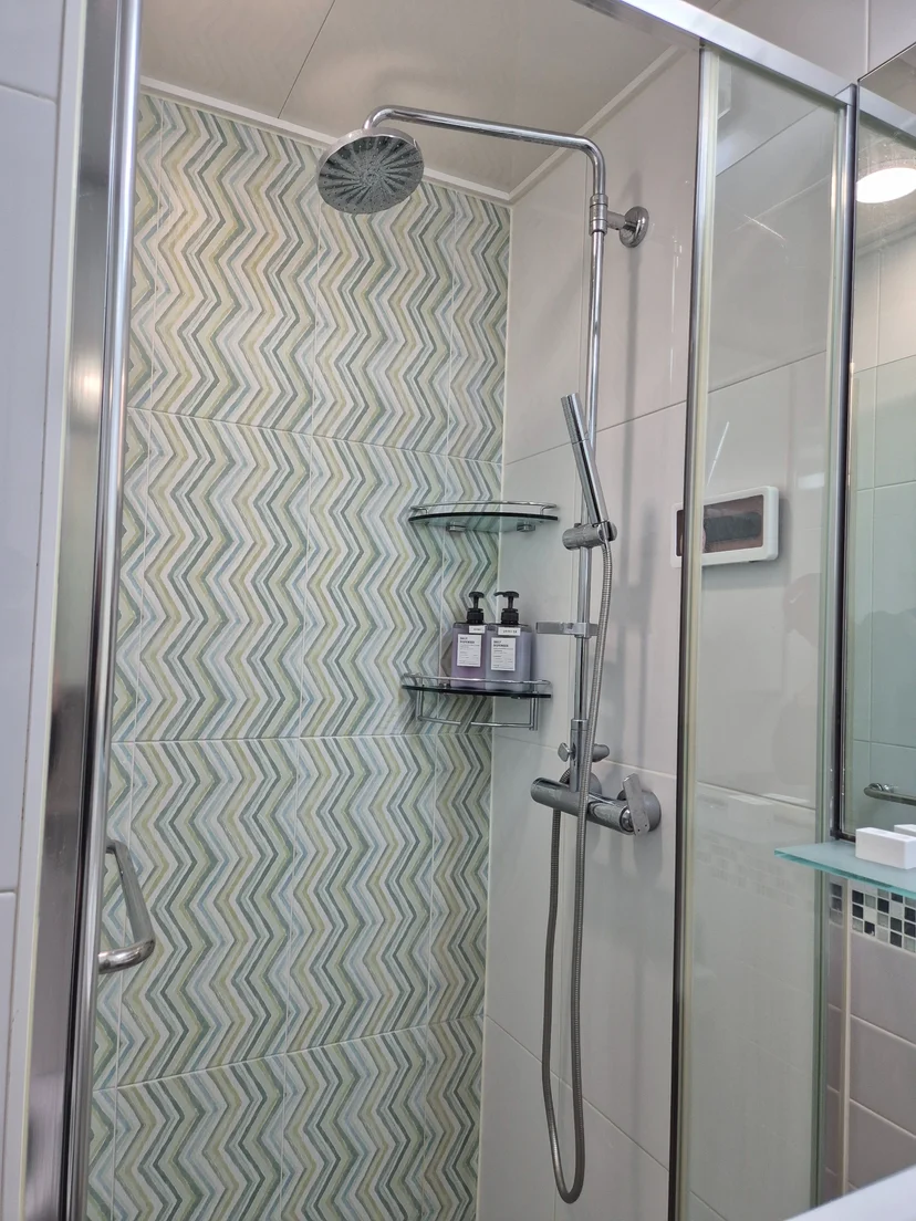 Glass walk-in shower with patterned tile wall (Listing ID : 34409)