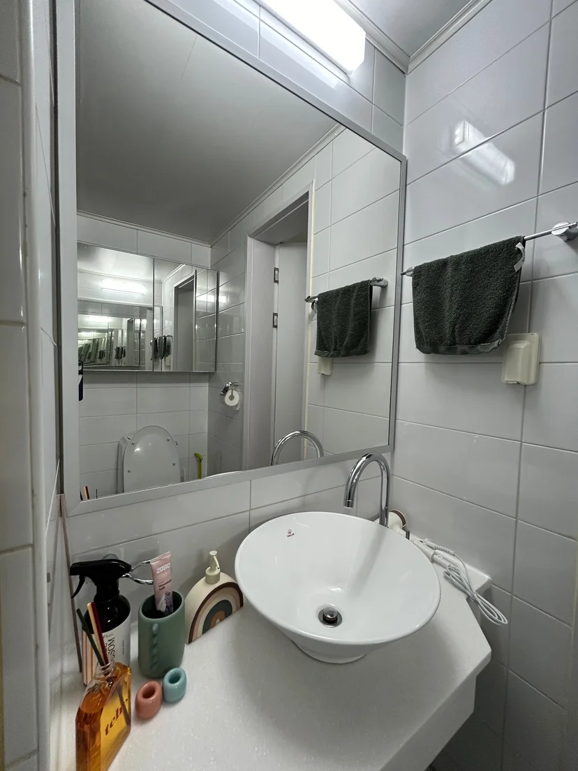 Bathroom vanity with vessel sink, large mirror, and dark towel (Listing ID : 31659)