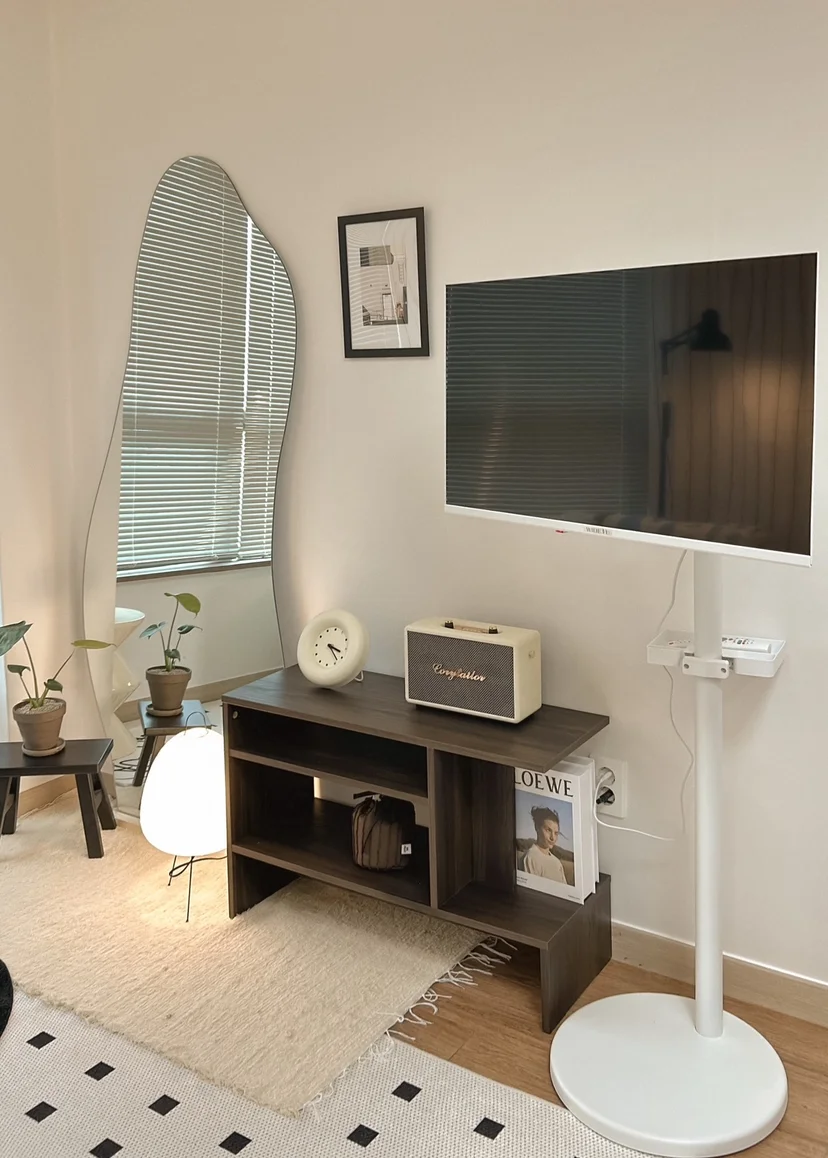 TV stand with console, full-length mirror, and floor lamp in styled interior corner (Listing ID : 31659)