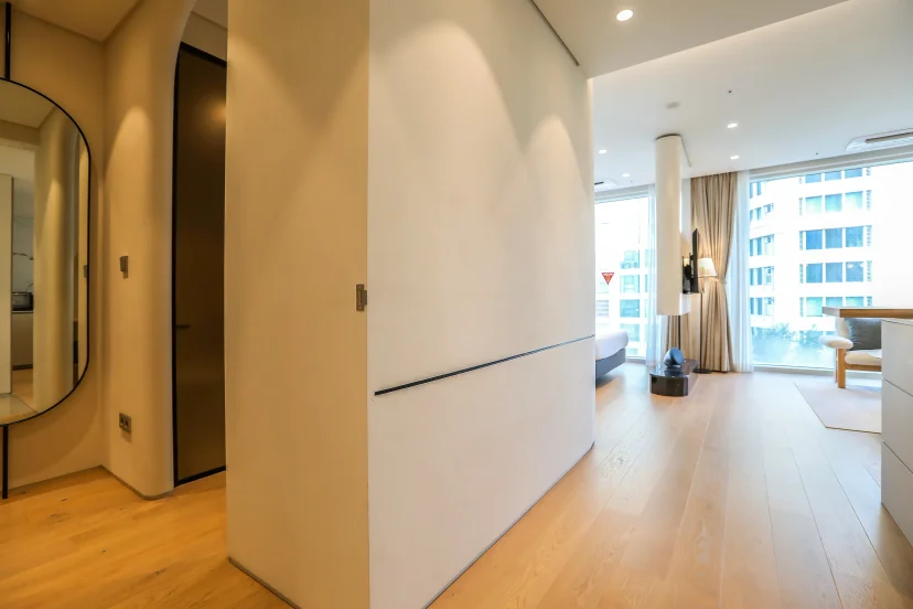 Entrance hallway with an oval mirror and warm wood floors leading to the living area (Listing ID : 45208)