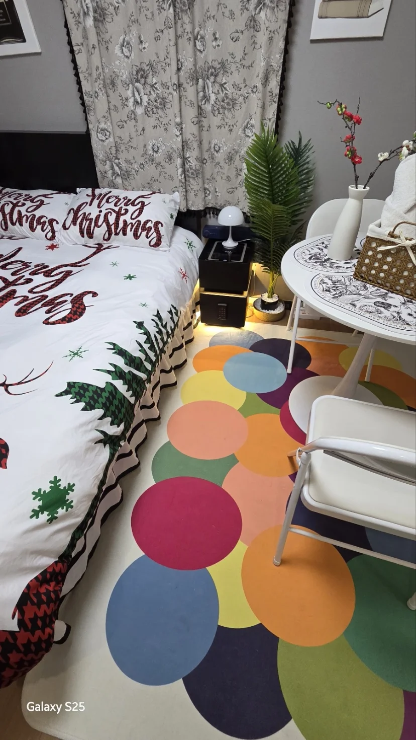 Bedroom with floral-print bedding, twin curtained windows and bedside mood lamp (Listing ID : 30308)