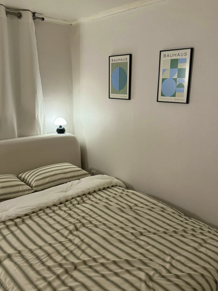 Bedroom with a double bed, lamp and framed posters (Listing ID : 45817)