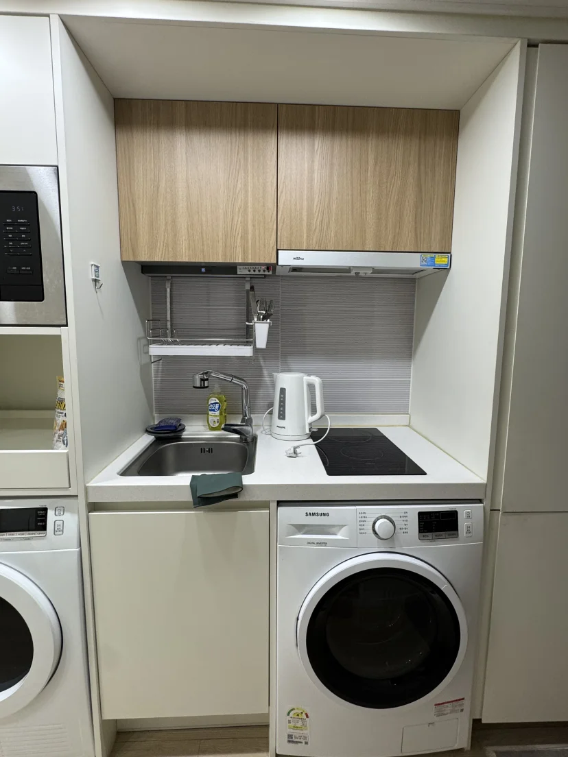Officetel kitchen with sink, induction stove, kettle and washer underneath (Listing ID : 45885)