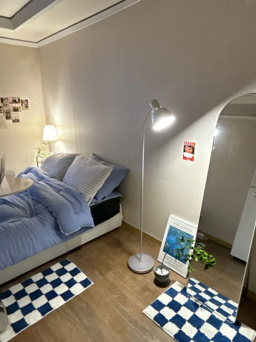 Bed, floor lamp and full-length mirror with checkered rugs (Listing ID : 45640)
