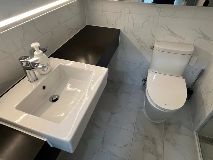 Marble-tiled bathroom with vanity and toilet (Listing ID : 42899)