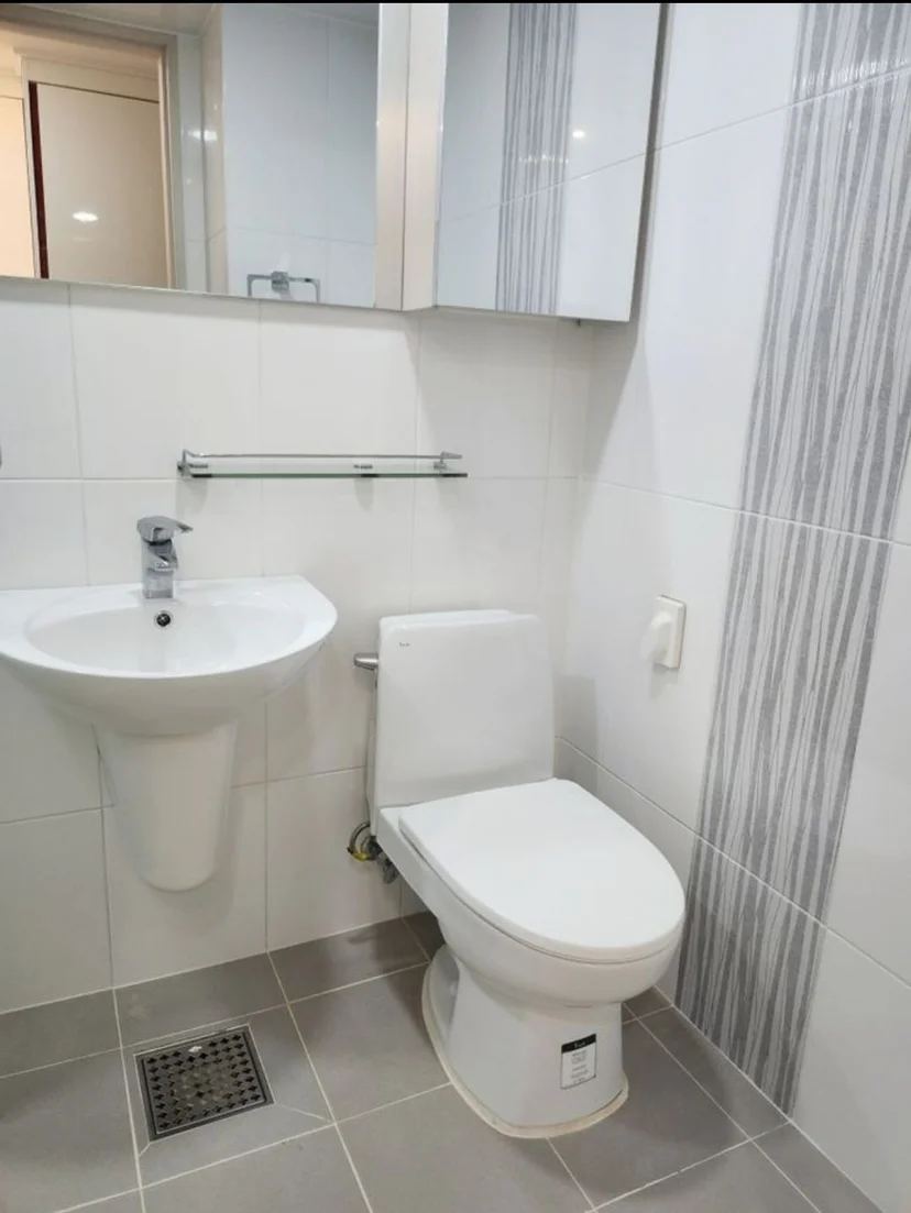 Bathroom with a wall-mounted sink, mirror cabinet and toilet (Listing ID : 27331)