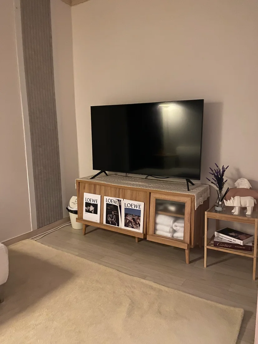 Living area with wall-mounted TV and a display shelf (Listing ID : 20556)