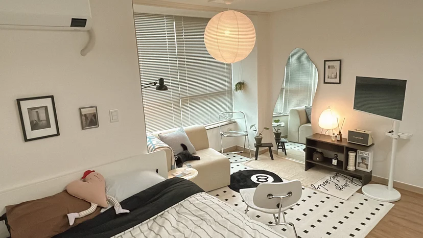Cozy studio interior with bed, sofa, TV, and paper lantern pendant light (Listing ID : 31659)