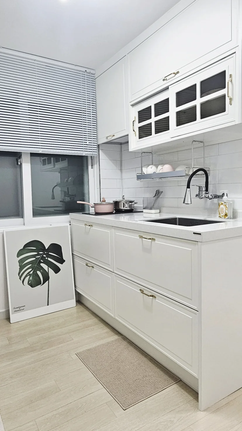 Bright white kitchen with cabinetry, sink, and monstera print (Listing ID : 46906)