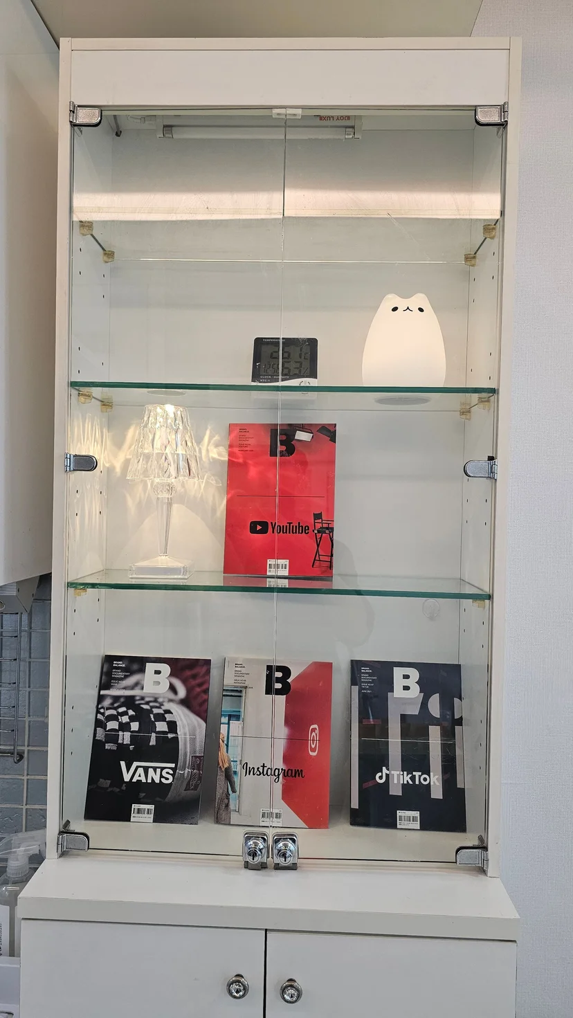 Glass display cabinet with magazines and ornaments (Listing ID : 28024)