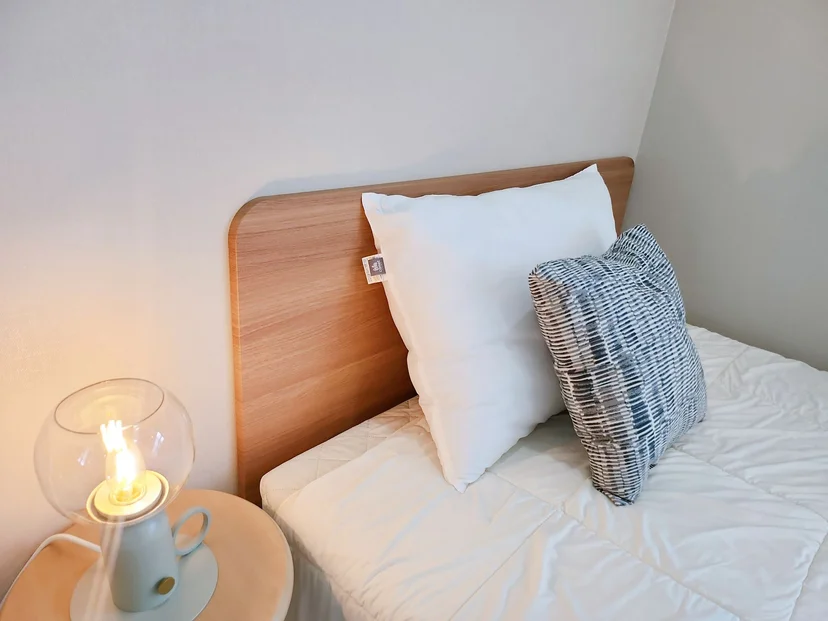 Bed with a headboard, pillows and a bedside lamp (Listing ID : 27331)