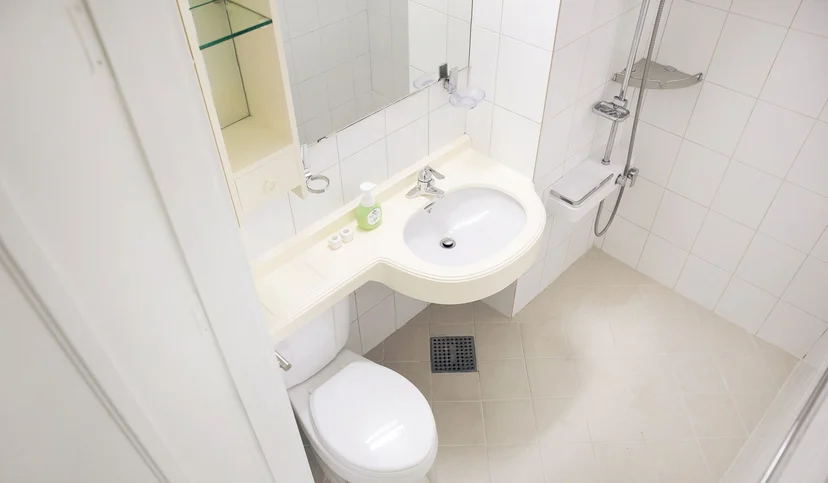 Bathroom with a round sink, mirror and shower (Listing ID : 29409)