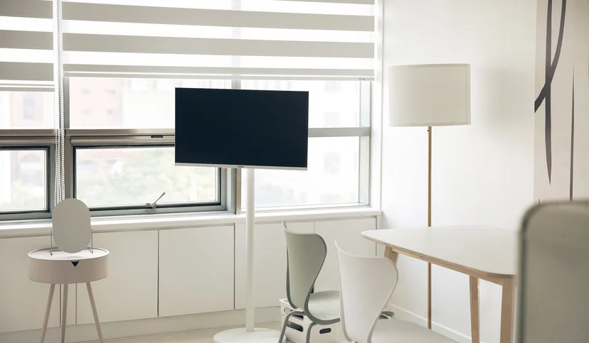 Desk area with a standing TV, floor lamp and chairs by the bright window (Listing ID : 29409)