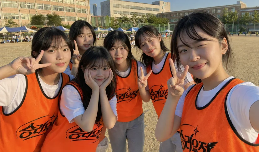 마플 메쉬 팀 조끼 팀명 로고를 인쇄한 오렌지 조끼를 학교 체육대회에서 여학생 5인이 단체 착용한 이미지