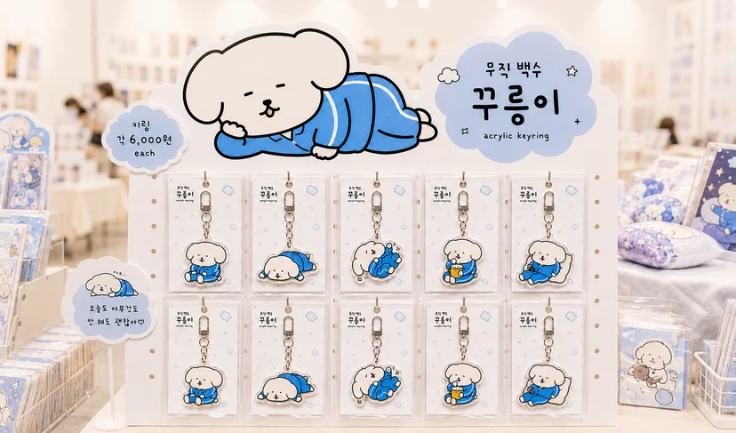 마플 아크릴 키링 – 파란 잠옷을 입은 강아지 캐릭터 디자인 5종을 투명 아크릴에 UV 인쇄해 서일페 진열대에 전시한 이미지